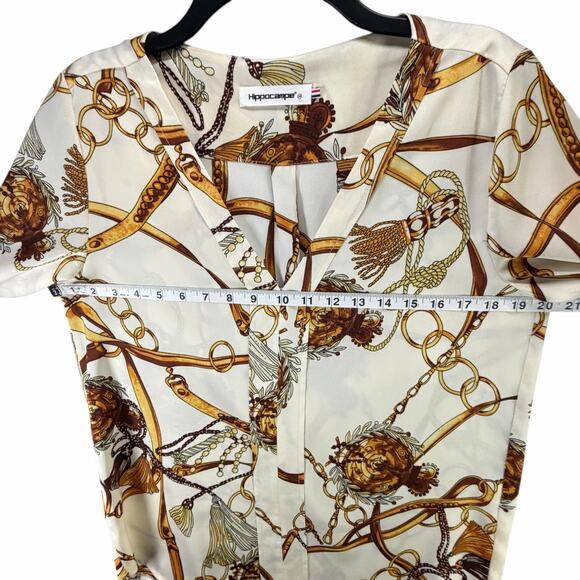 Hippocampe Blouse Top Womens M Cream Chain Print 3/4 Sleeve Old Money Equestrian - Picture 6 of 15
